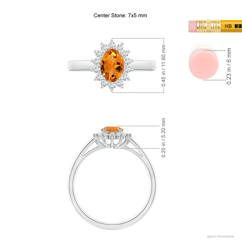 7x5mm AAA Princess Diana Inspired Citrine Ring with Diamond Halo in White Gold ruler