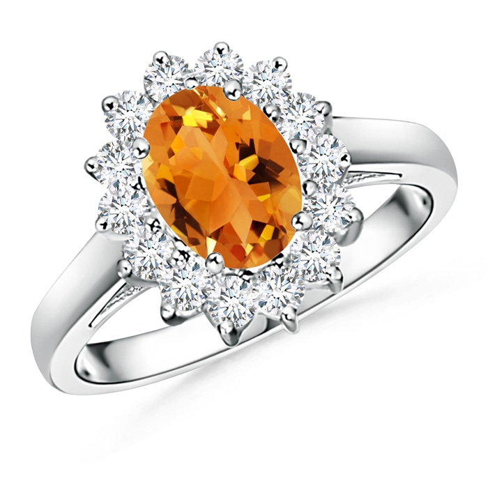 8x6mm AAA Princess Diana Inspired Citrine Ring with Diamond Halo in 10K White Gold