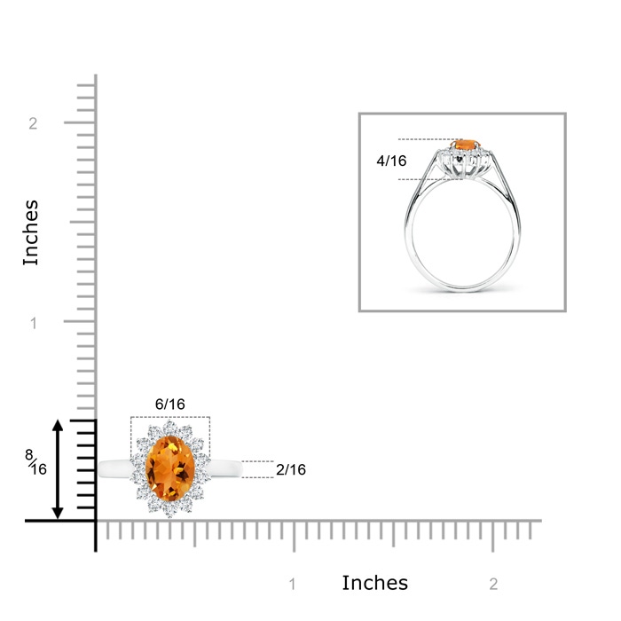 8x6mm AAA Princess Diana Inspired Citrine Ring with Diamond Halo in 10K White Gold ruler