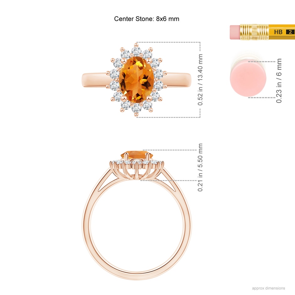 8x6mm AAA Princess Diana Inspired Citrine Ring with Diamond Halo in Rose Gold ruler