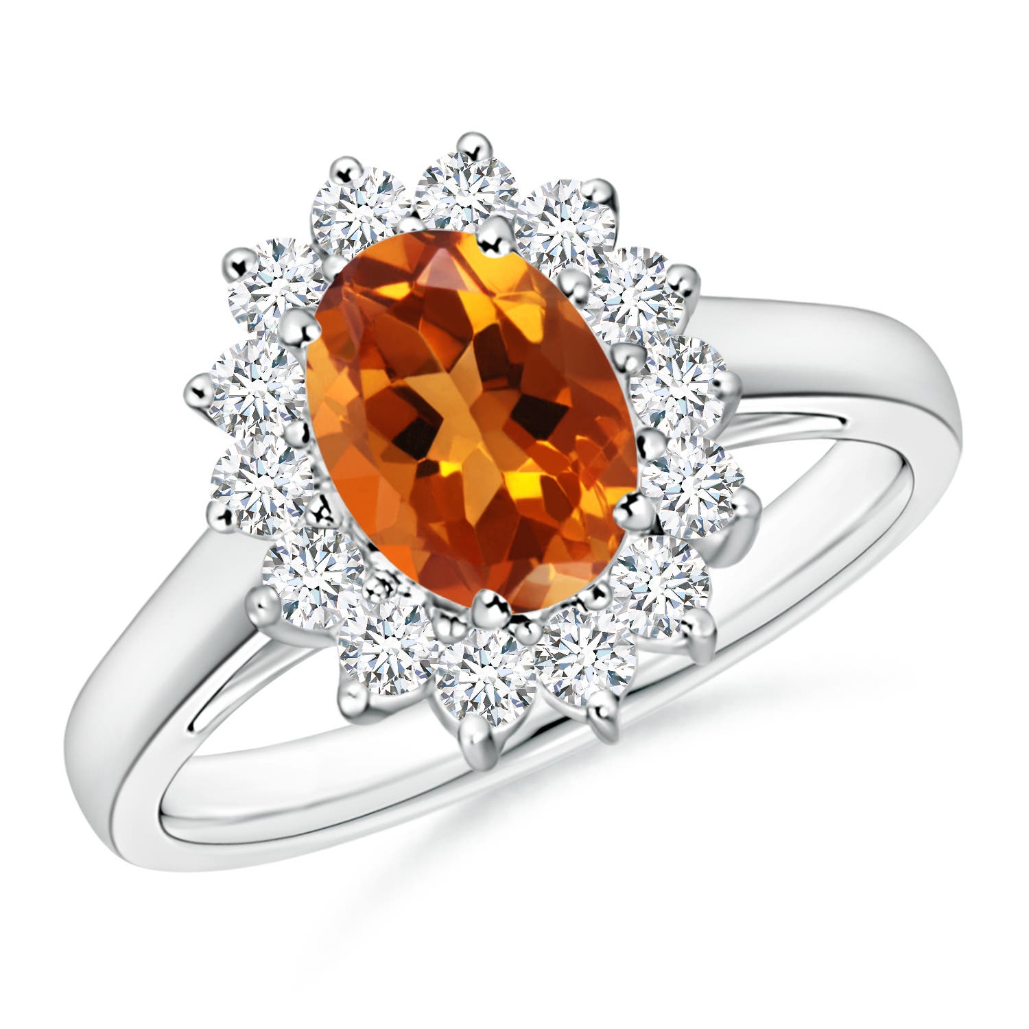8x6mm AAAA Princess Diana Inspired Citrine Ring with Diamond Halo in P950 Platinum