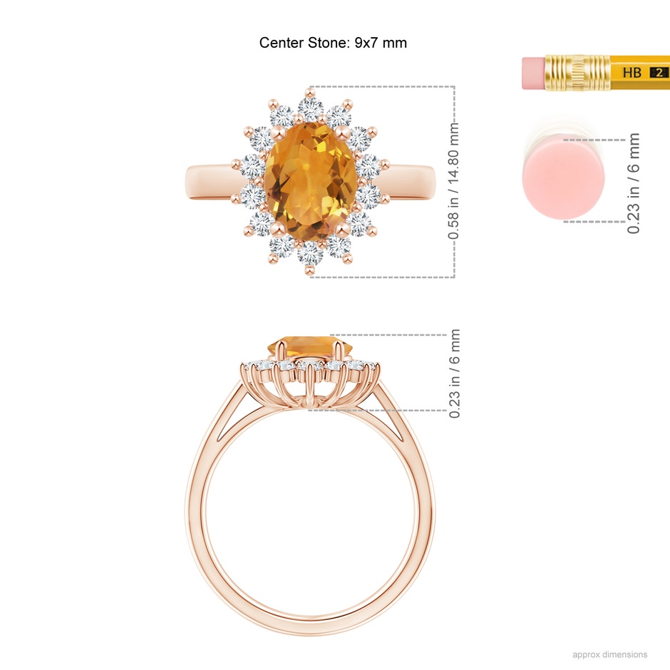 9x7mm AA Princess Diana Inspired Citrine Ring with Diamond Halo in Rose Gold ruler