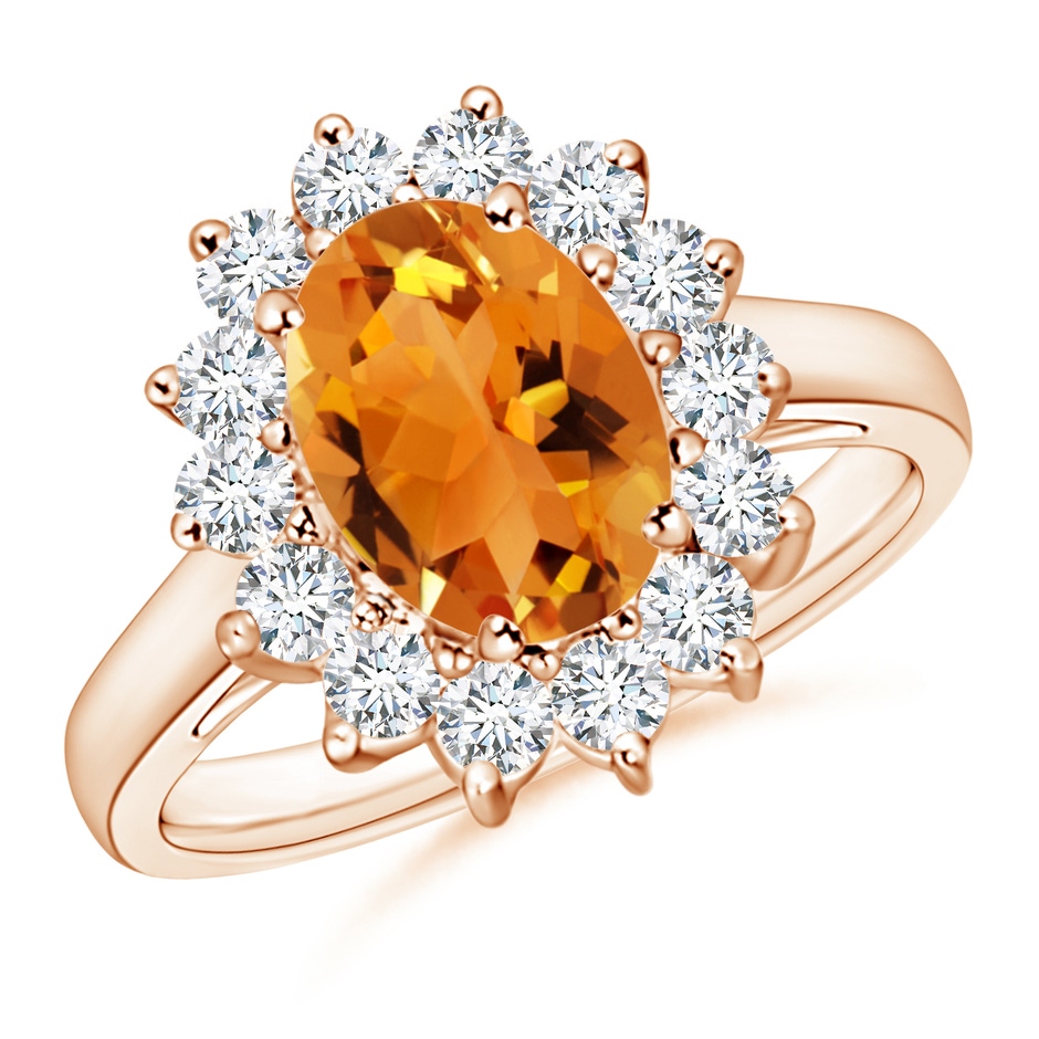 9x7mm AAA Princess Diana Inspired Citrine Ring with Diamond Halo in Rose Gold 