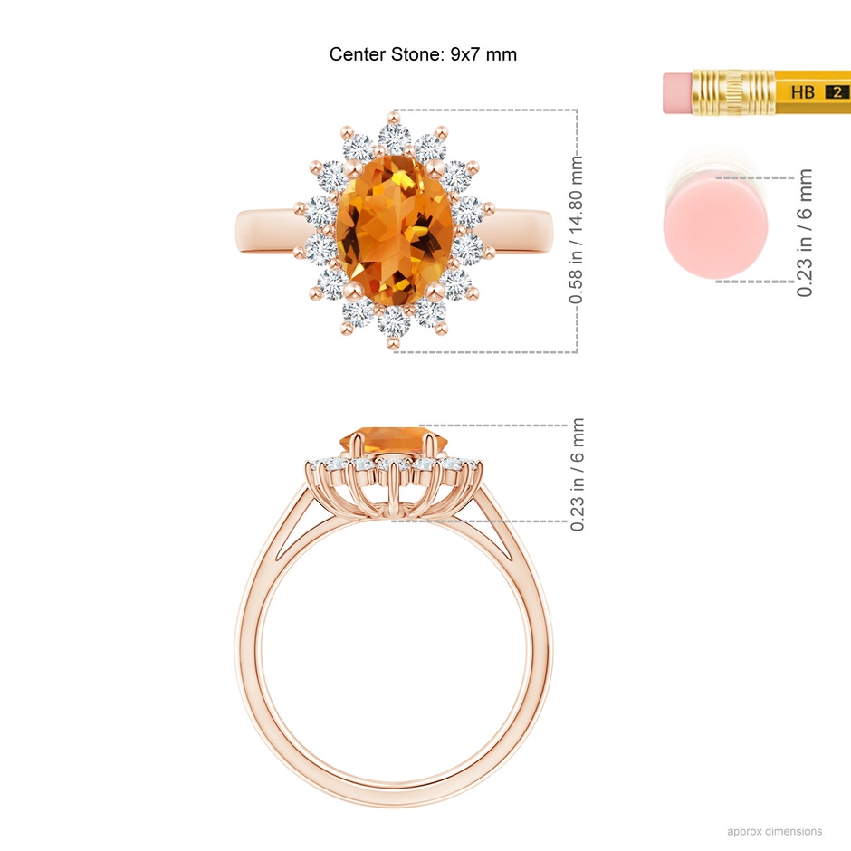9x7mm AAA Princess Diana Inspired Citrine Ring with Diamond Halo in Rose Gold ruler