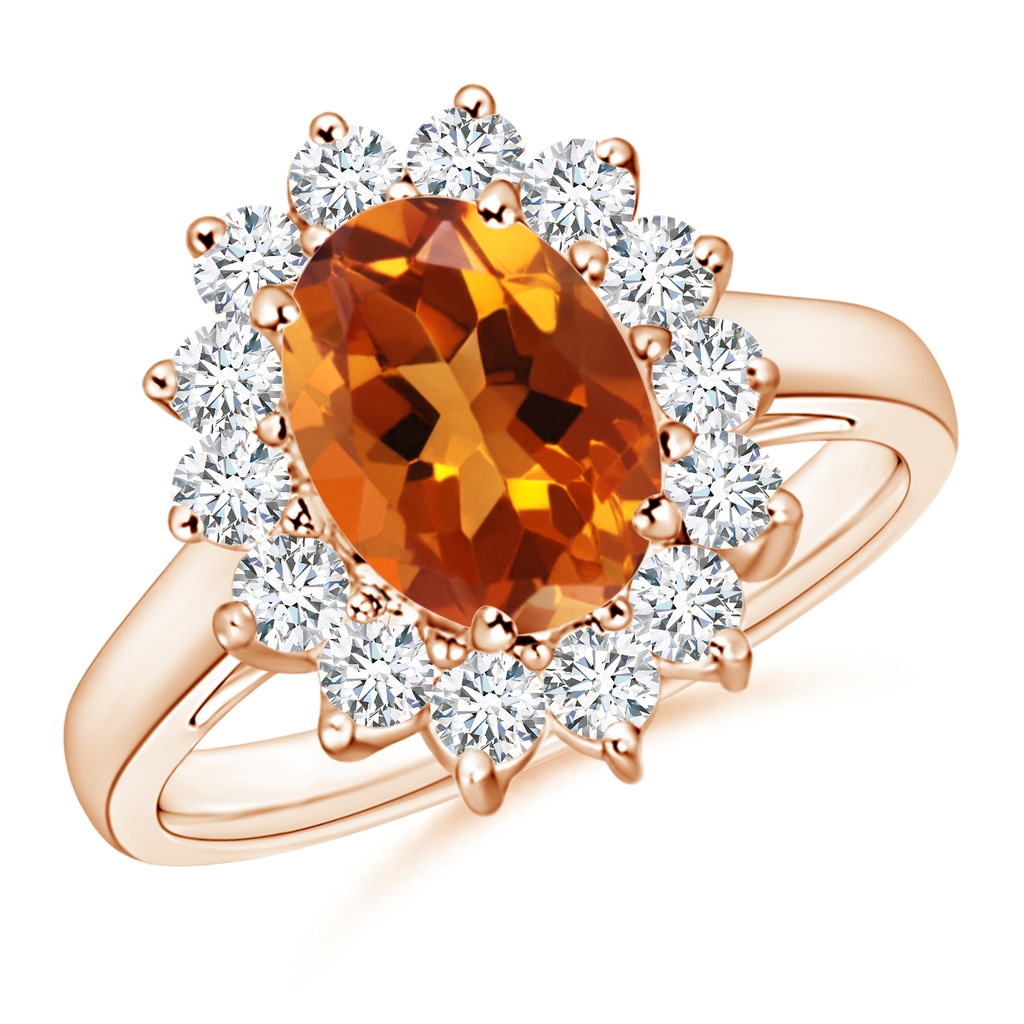 9x7mm AAAA Princess Diana Inspired Citrine Ring with Diamond Halo in Rose Gold