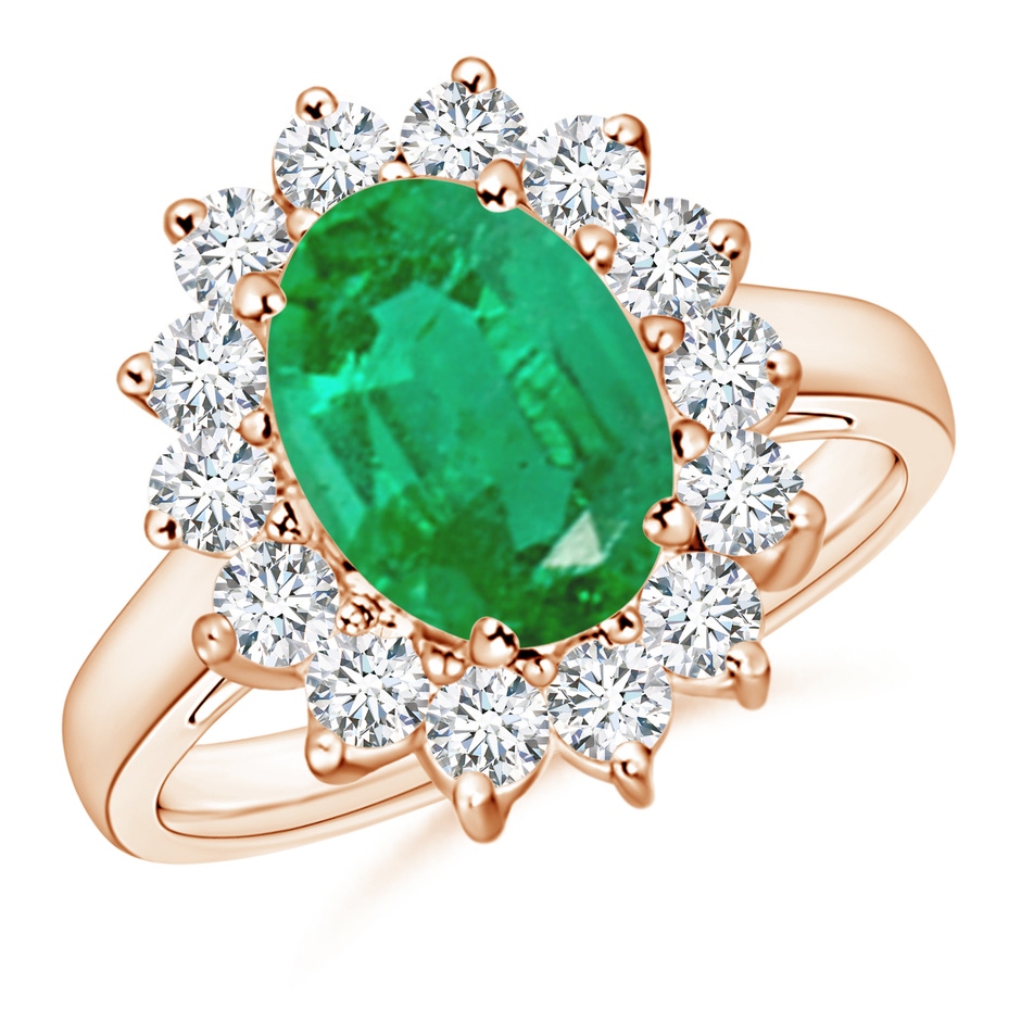 10x8mm AA Princess Diana Inspired Emerald Ring with Diamond Halo in Rose Gold 