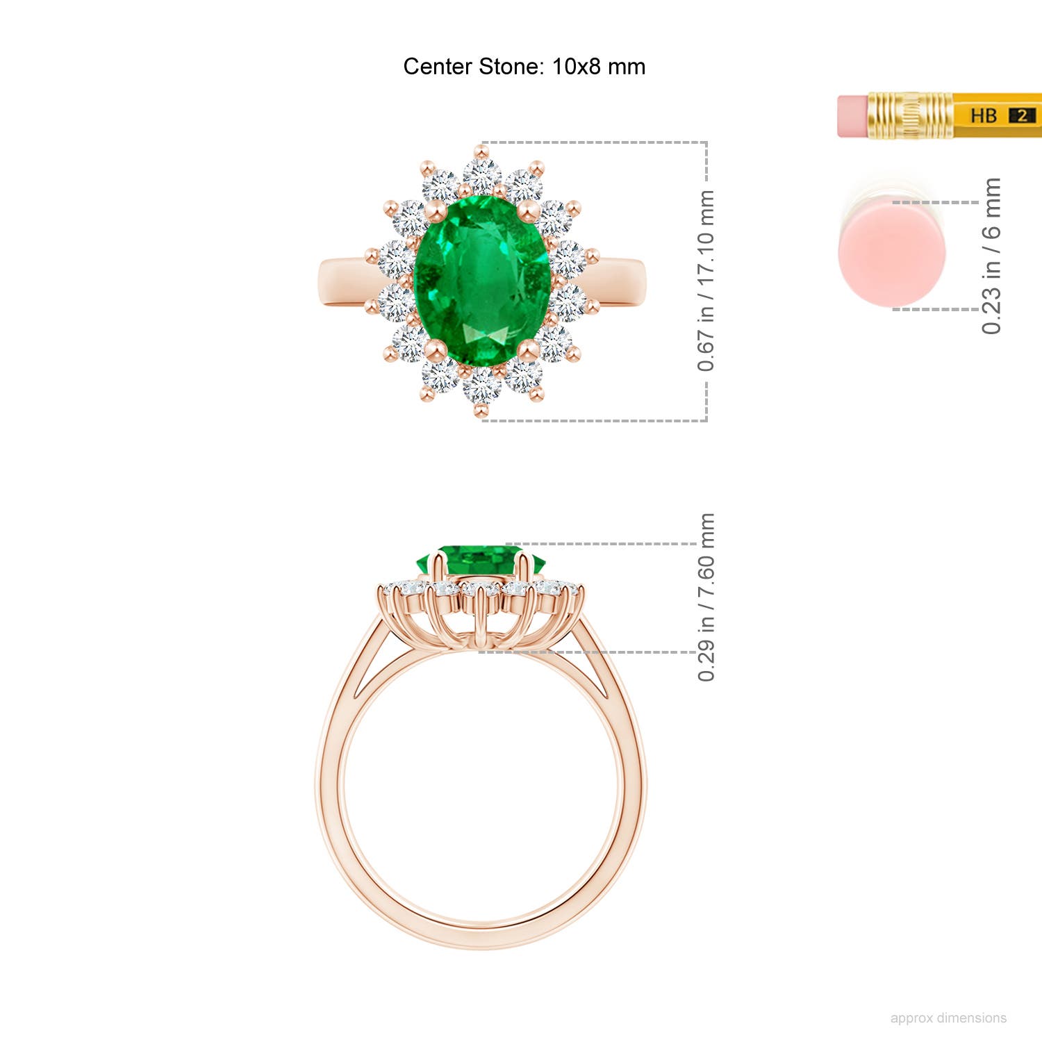 10x8mm AAA Princess Diana Inspired Emerald Ring with Diamond Halo in Rose Gold - ruler