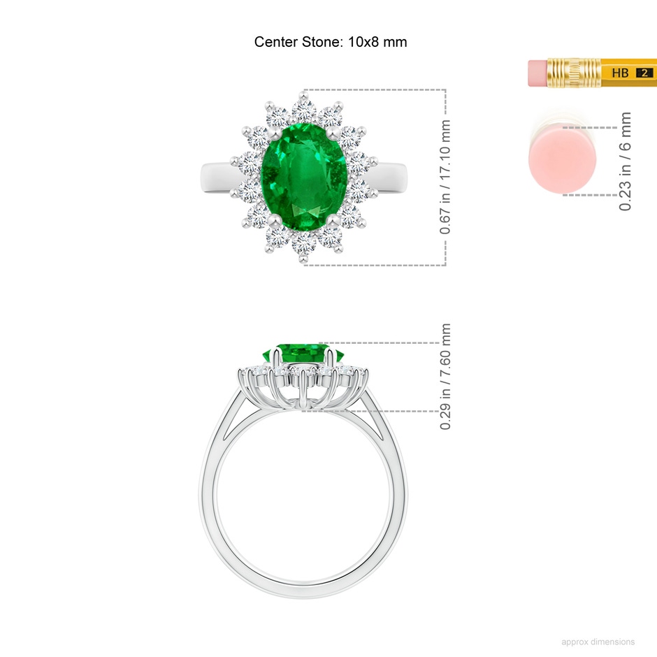 10x8mm AAAA Princess Diana Inspired Emerald Ring with Diamond Halo in P950 Platinum ruler