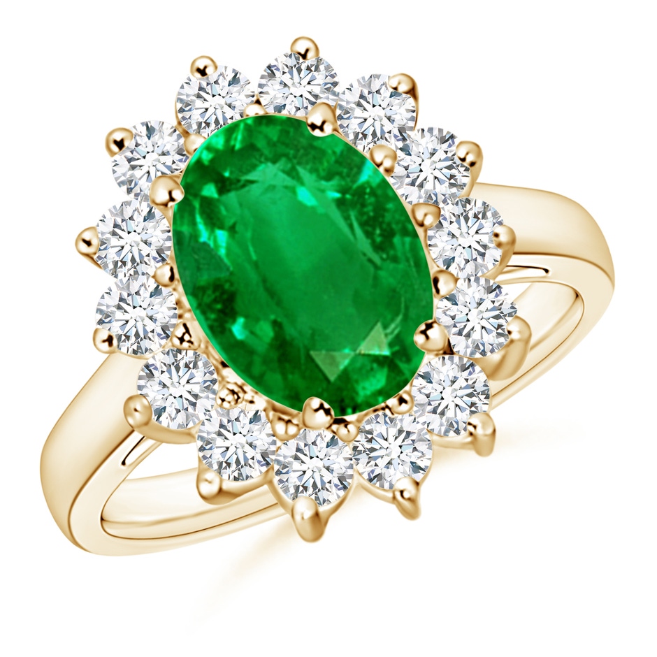 10x8mm AAAA Princess Diana Inspired Emerald Ring with Diamond Halo in Yellow Gold 