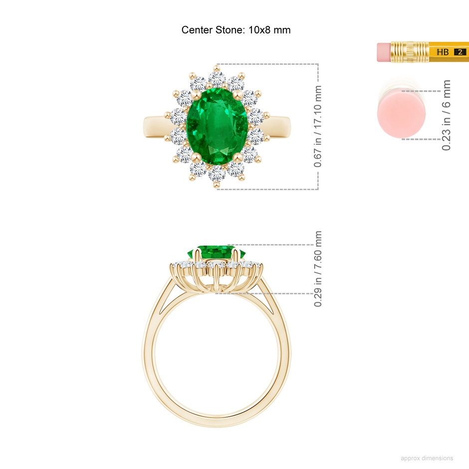 10x8mm AAAA Princess Diana Inspired Emerald Ring with Diamond Halo in Yellow Gold ruler