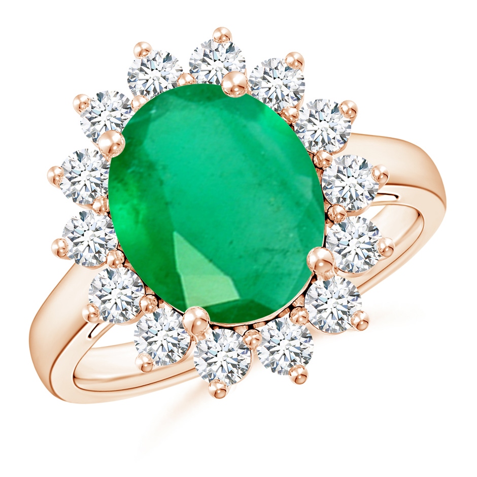 12x10mm A Princess Diana Inspired Emerald Ring with Diamond Halo in 9K Rose Gold 