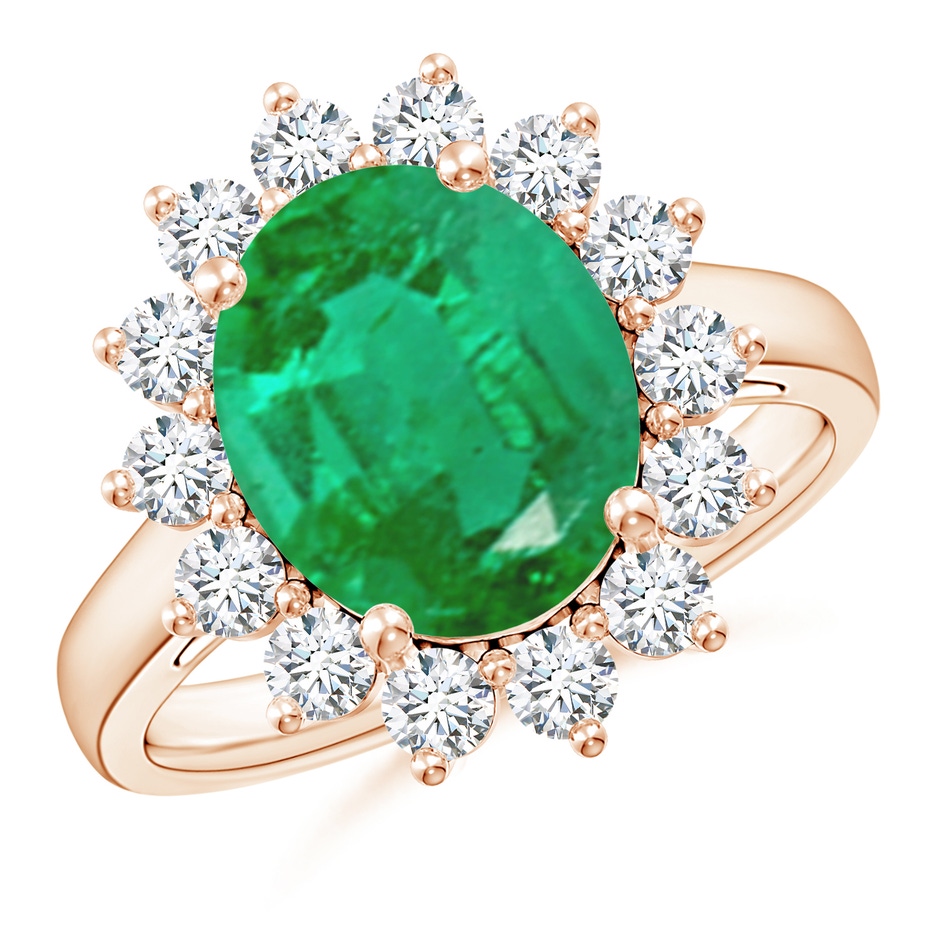 12x10mm AA Princess Diana Inspired Emerald Ring with Diamond Halo in Rose Gold 