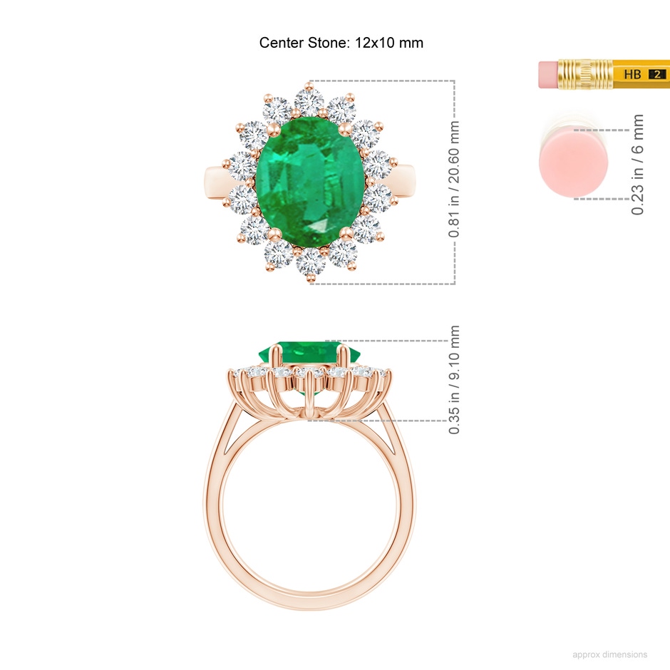 12x10mm AA Princess Diana Inspired Emerald Ring with Diamond Halo in Rose Gold ruler
