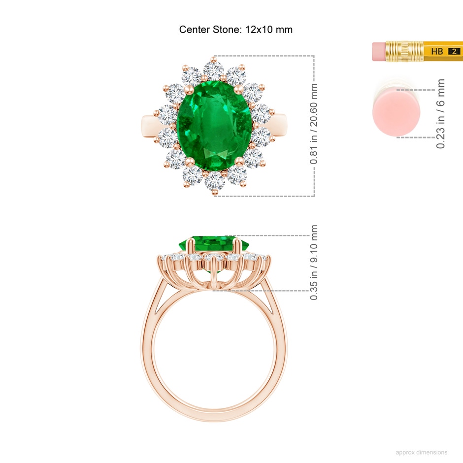 12x10mm AAAA Princess Diana Inspired Emerald Ring with Diamond Halo in Rose Gold ruler
