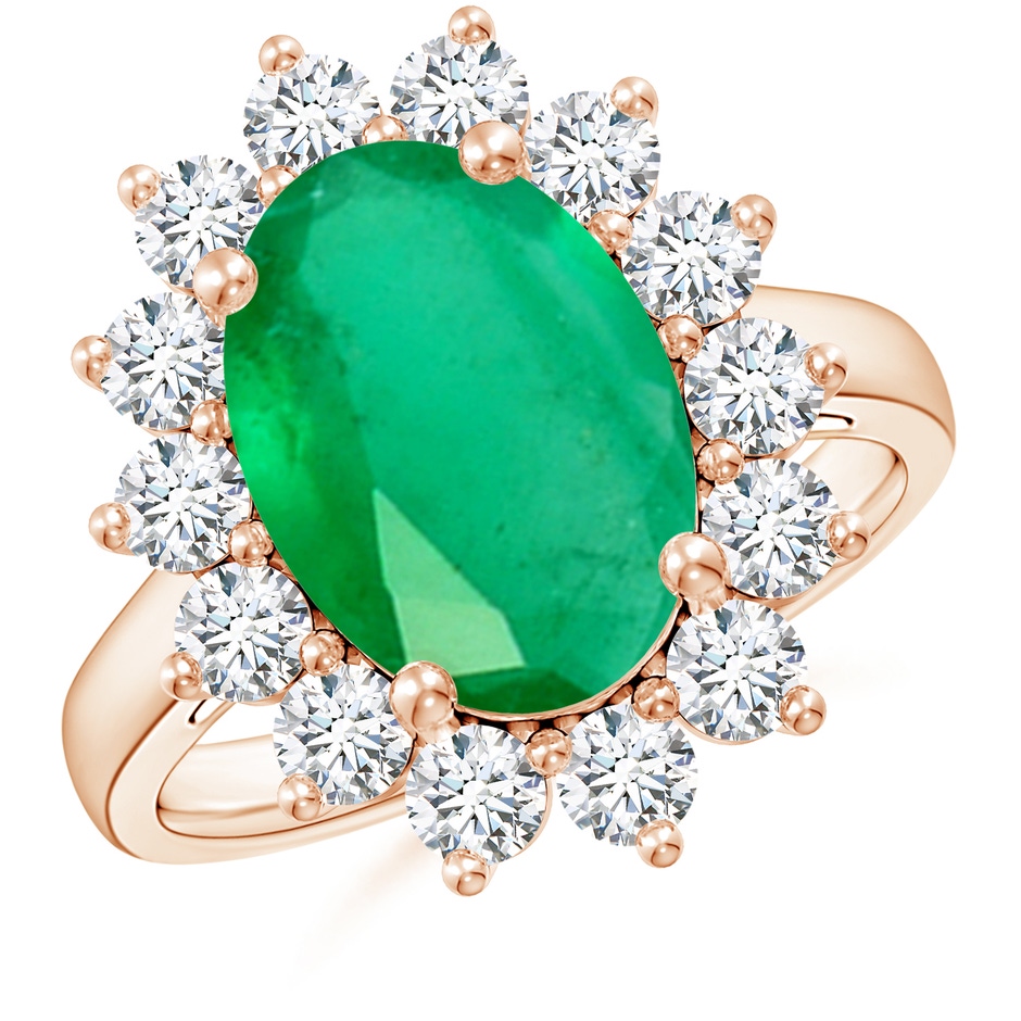14x10mm A Princess Diana Inspired Emerald Ring with Diamond Halo in Rose Gold 
