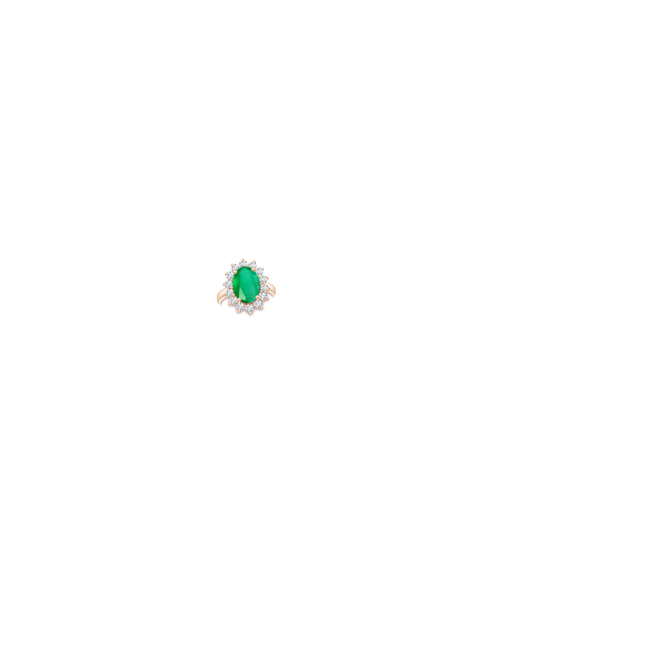 14x10mm A Princess Diana Inspired Emerald Ring with Diamond Halo in Rose Gold hand