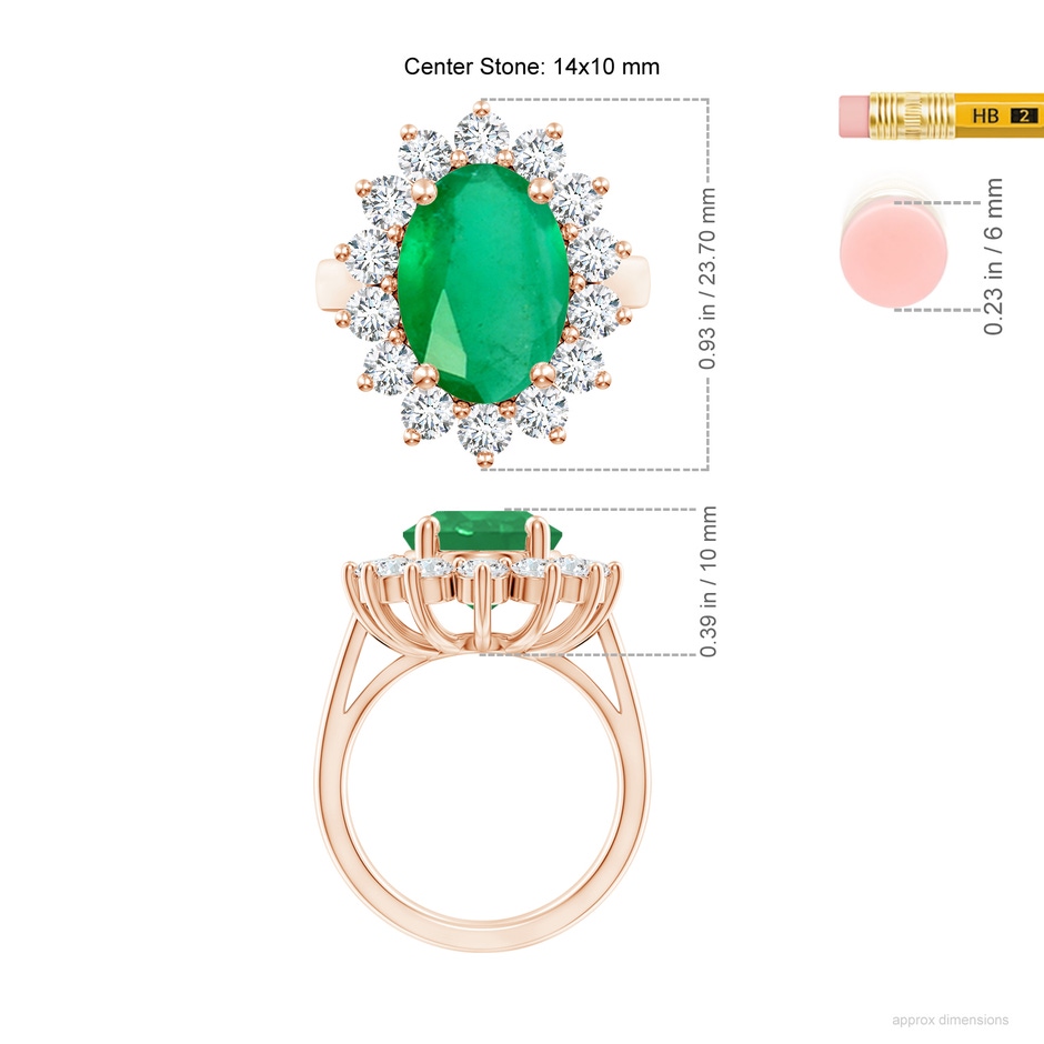 14x10mm A Princess Diana Inspired Emerald Ring with Diamond Halo in Rose Gold ruler