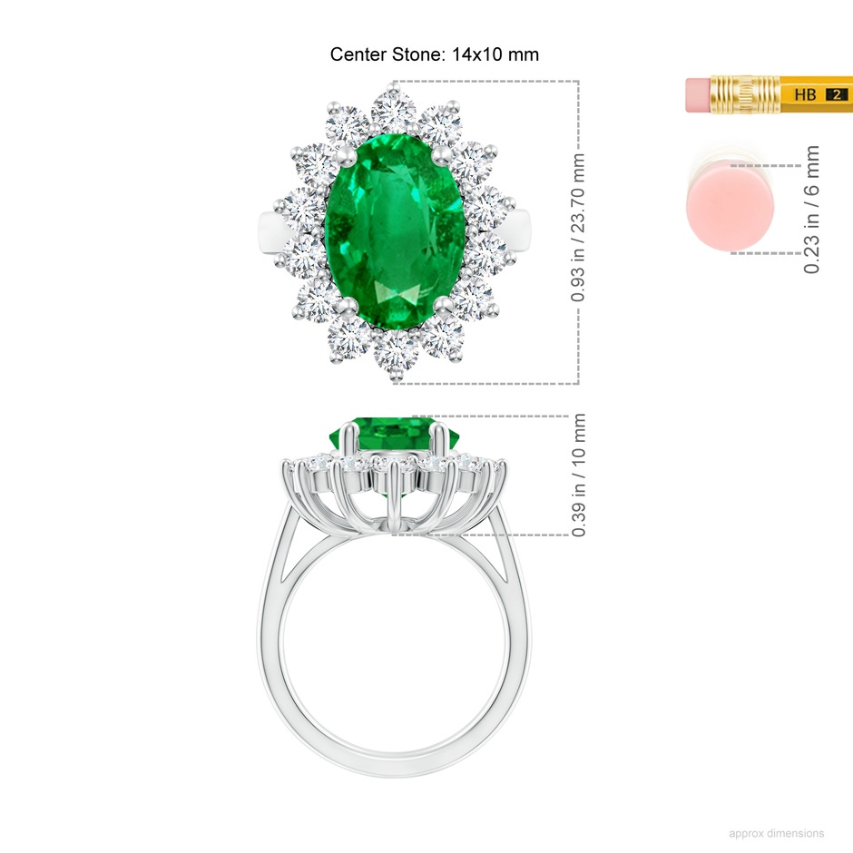 14x10mm AAA Princess Diana Inspired Emerald Ring with Diamond Halo in P950 Platinum ruler