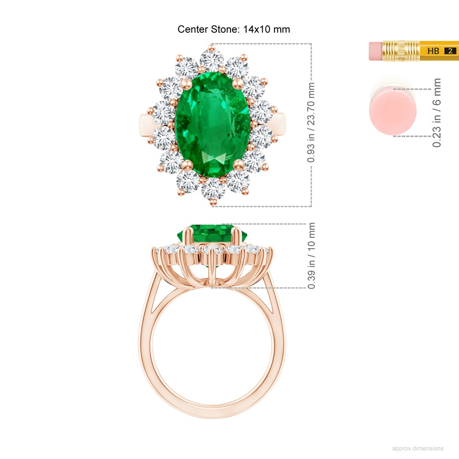 14x10mm AAA Princess Diana Inspired Emerald Ring with Diamond Halo in Rose Gold ruler