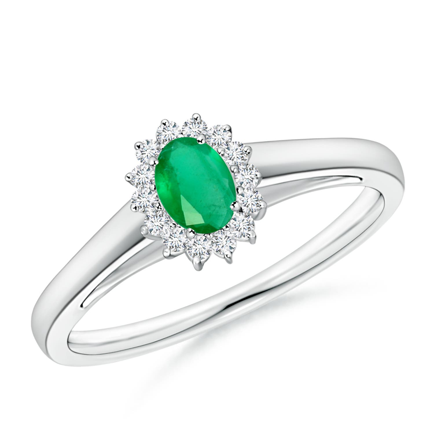 5x3mm A Princess Diana Inspired Emerald Ring with Diamond Halo in P950 Platinum