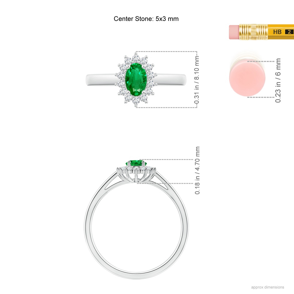 5x3mm AAA Princess Diana Inspired Emerald Ring with Diamond Halo in 10K White Gold ruler