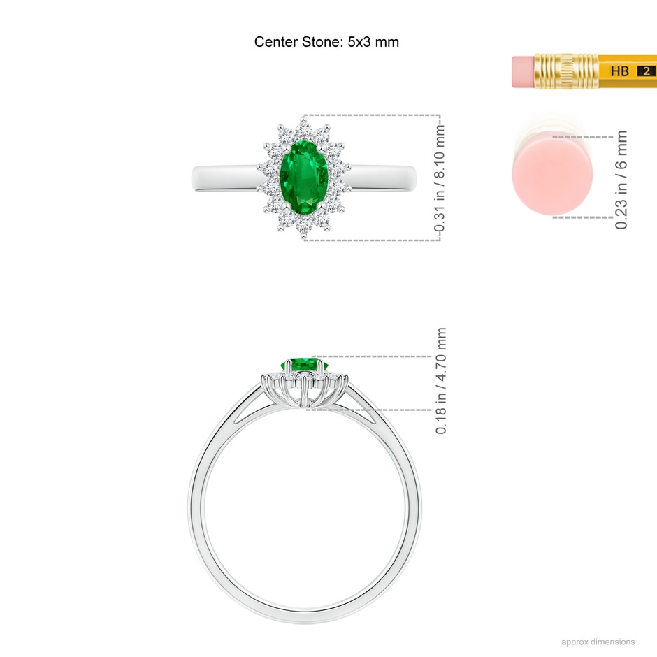 5x3mm AAAA Princess Diana Inspired Emerald Ring with Diamond Halo in 9K White Gold ruler