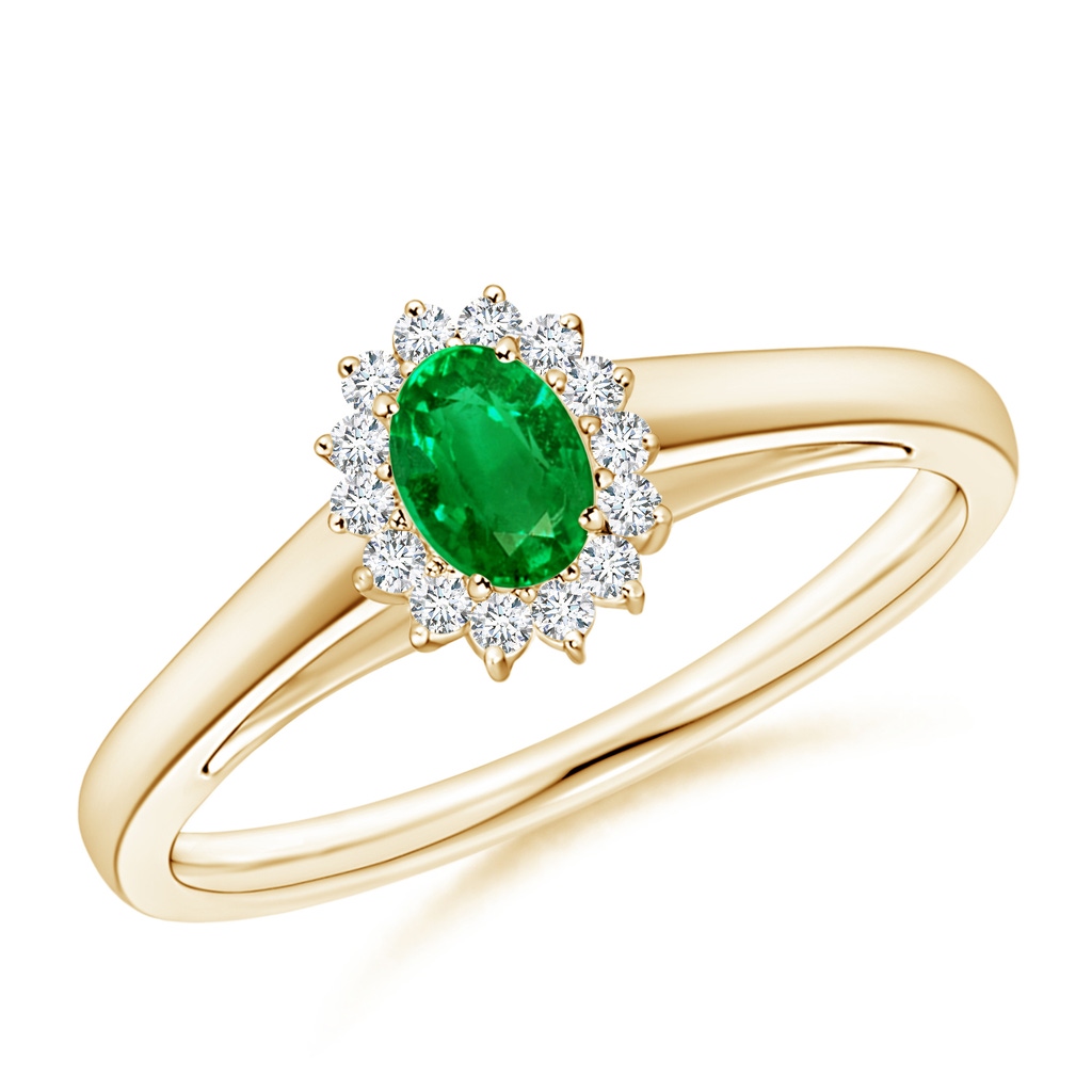 5x3mm AAAA Princess Diana Inspired Emerald Ring with Diamond Halo in Yellow Gold