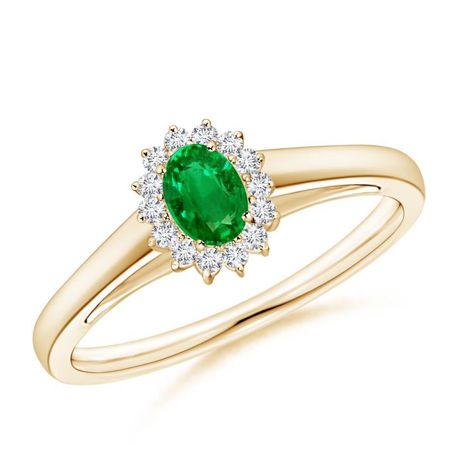 5x3mm AAAA Princess Diana Inspired Emerald Ring with Diamond Halo in Yellow Gold 