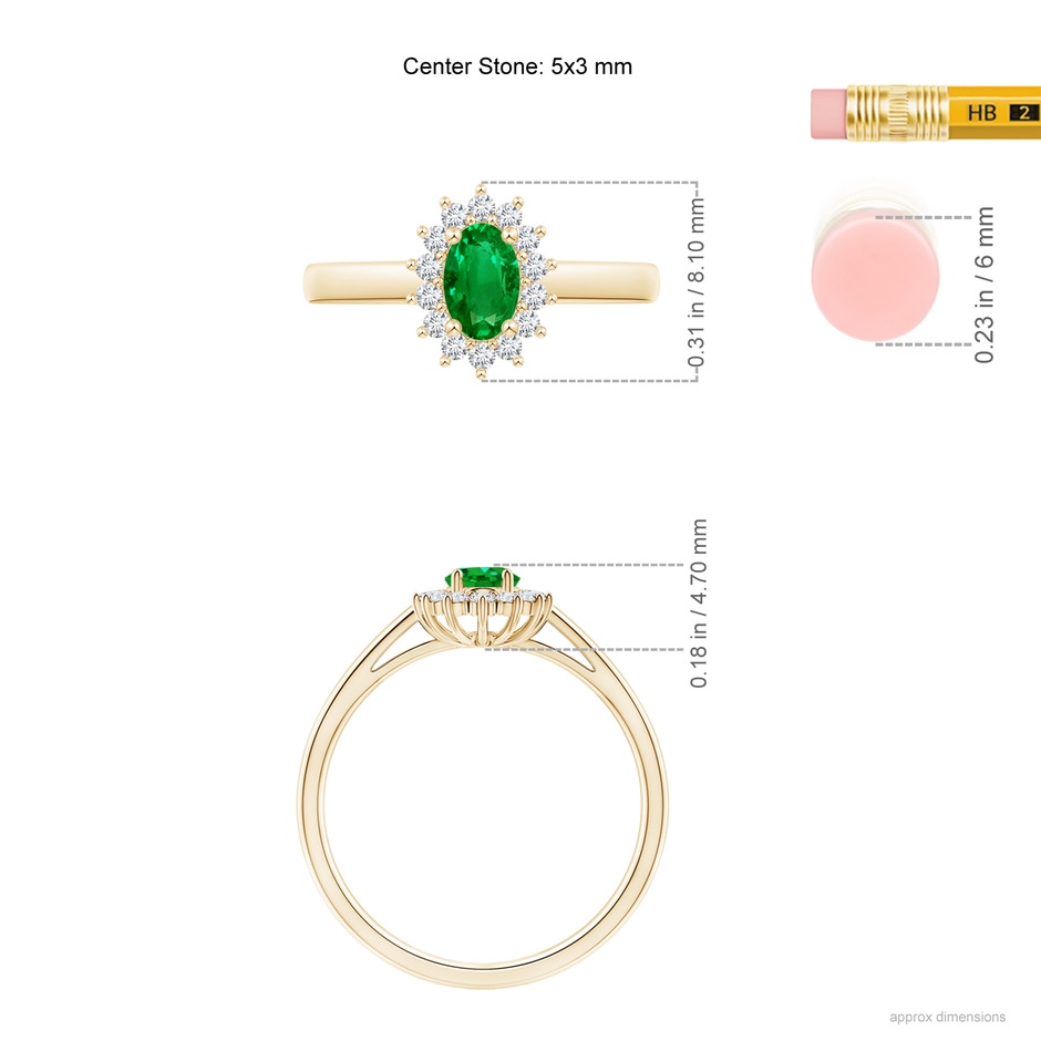 5x3mm AAAA Princess Diana Inspired Emerald Ring with Diamond Halo in Yellow Gold ruler
