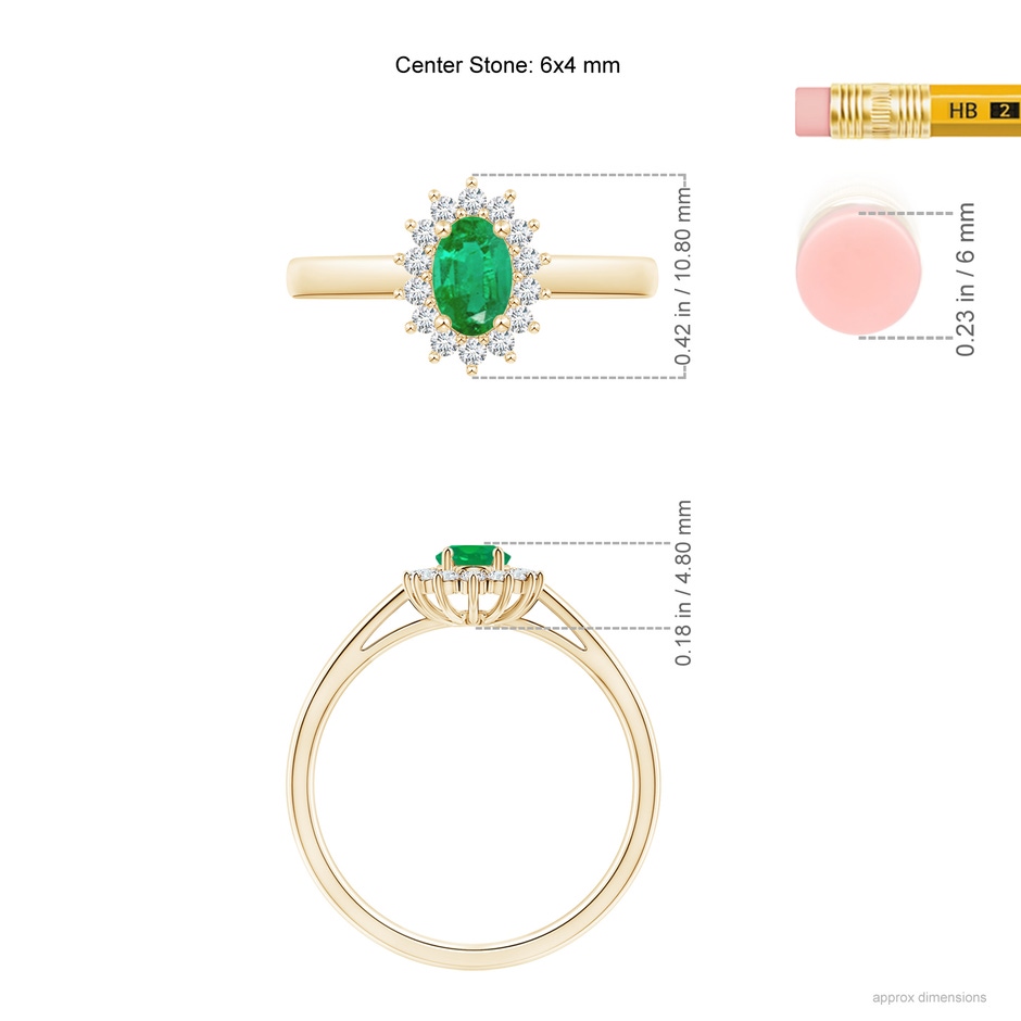 6x4mm AA Princess Diana Inspired Emerald Ring with Diamond Halo in Yellow Gold ruler