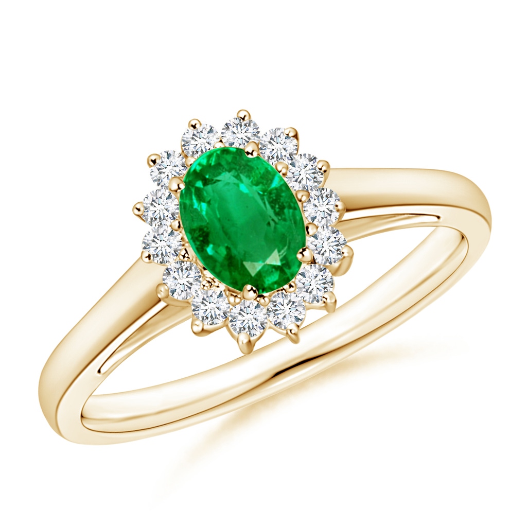 6x4mm AAA Princess Diana Inspired Emerald Ring with Diamond Halo in Yellow Gold