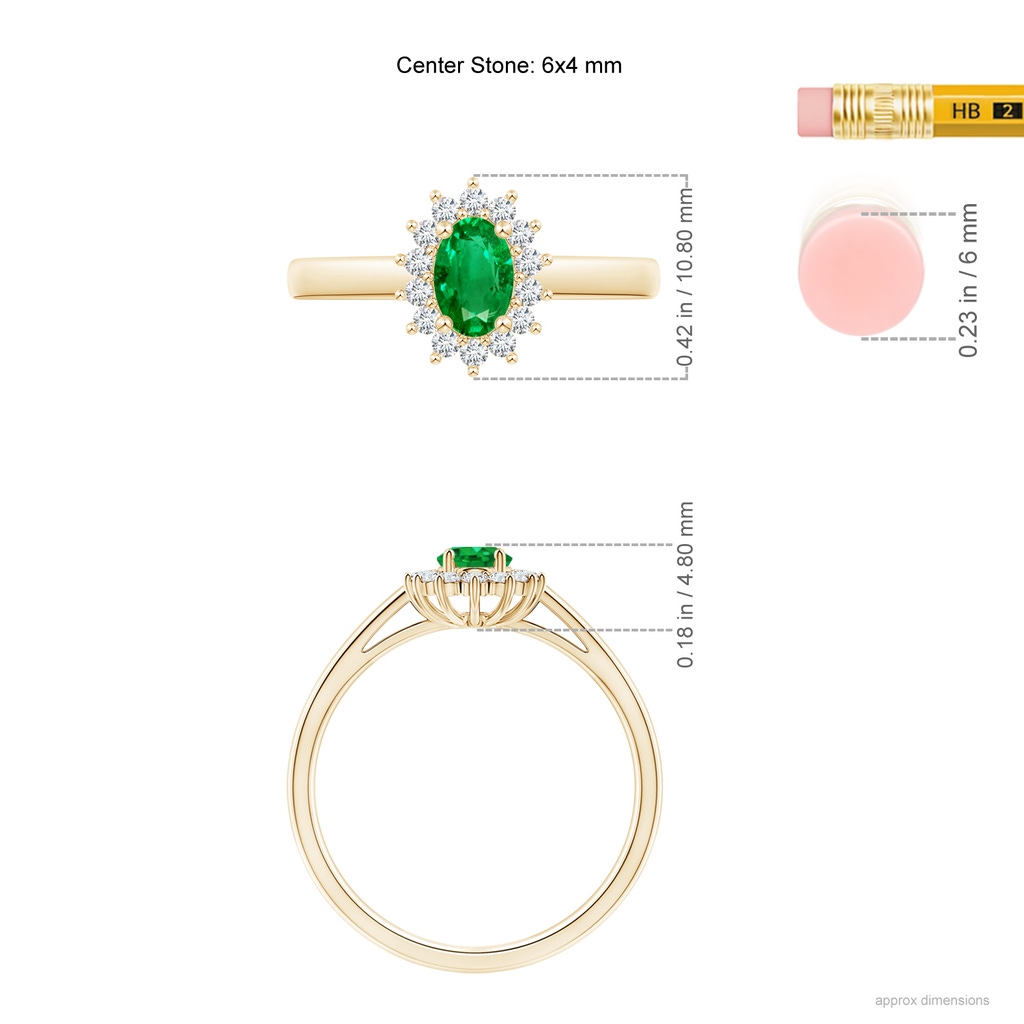 6x4mm AAA Princess Diana Inspired Emerald Ring with Diamond Halo in Yellow Gold ruler