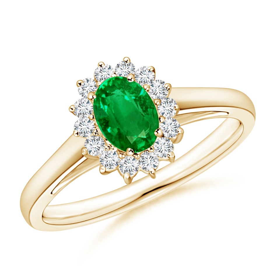 6x4mm AAAA Princess Diana Inspired Emerald Ring with Diamond Halo in Yellow Gold 