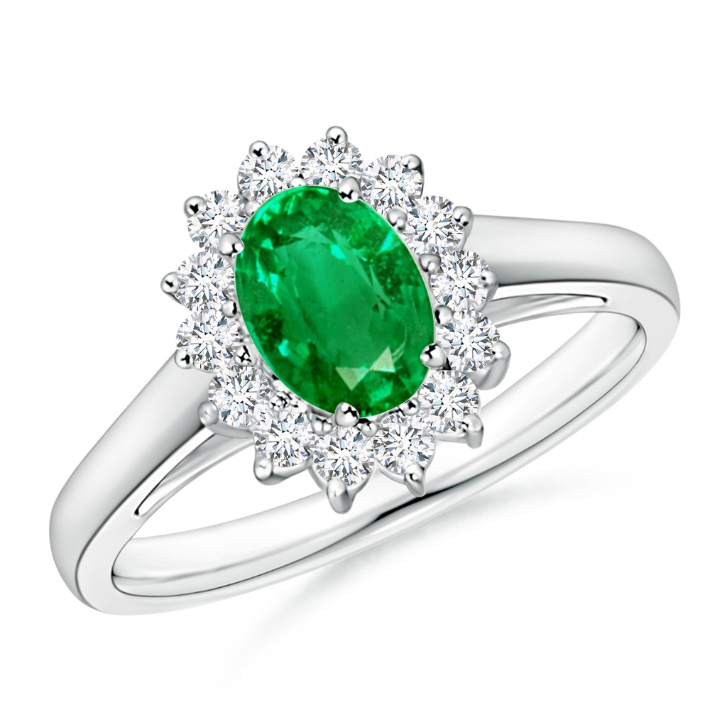 7x5mm AAA Princess Diana Inspired Emerald Ring with Diamond Halo in White Gold