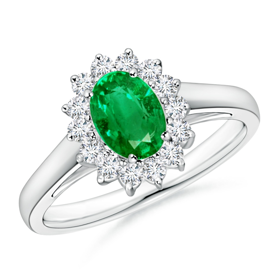 7x5mm AAA Princess Diana Inspired Emerald Ring with Diamond Halo in White Gold 