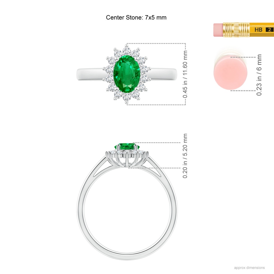 7x5mm AAA Princess Diana Inspired Emerald Ring with Diamond Halo in White Gold ruler