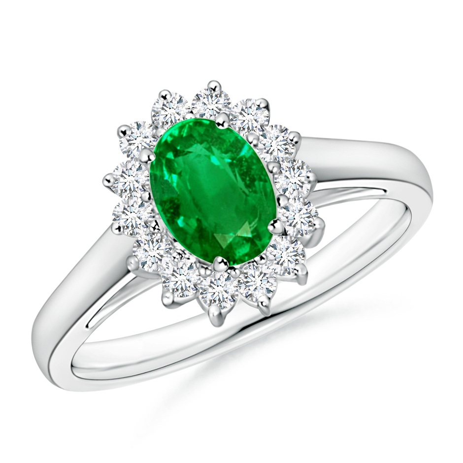 7x5mm AAAA Princess Diana Inspired Emerald Ring with Diamond Halo in White Gold 