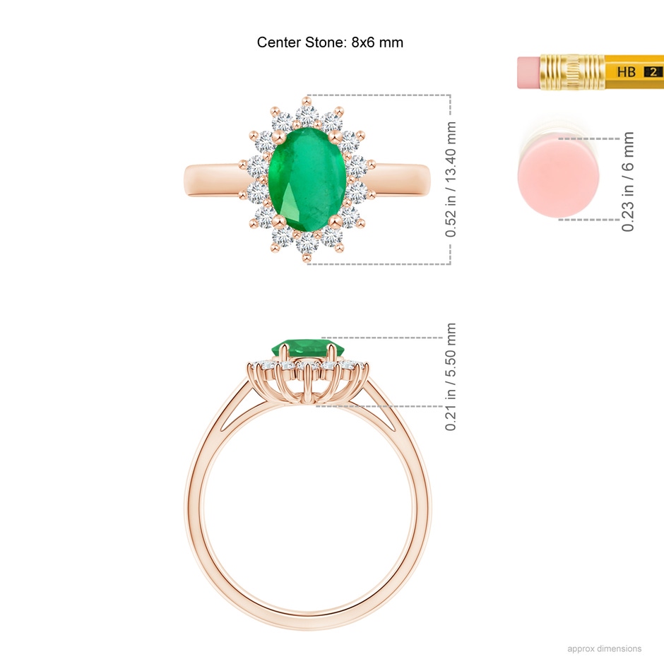 8x6mm A Princess Diana Inspired Emerald Ring with Diamond Halo in Rose Gold ruler
