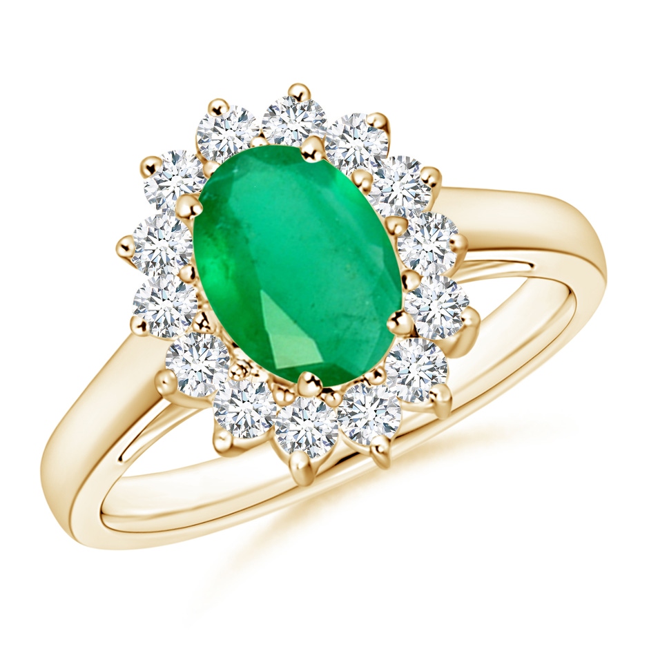 8x6mm A Princess Diana Inspired Emerald Ring with Diamond Halo in Yellow Gold 