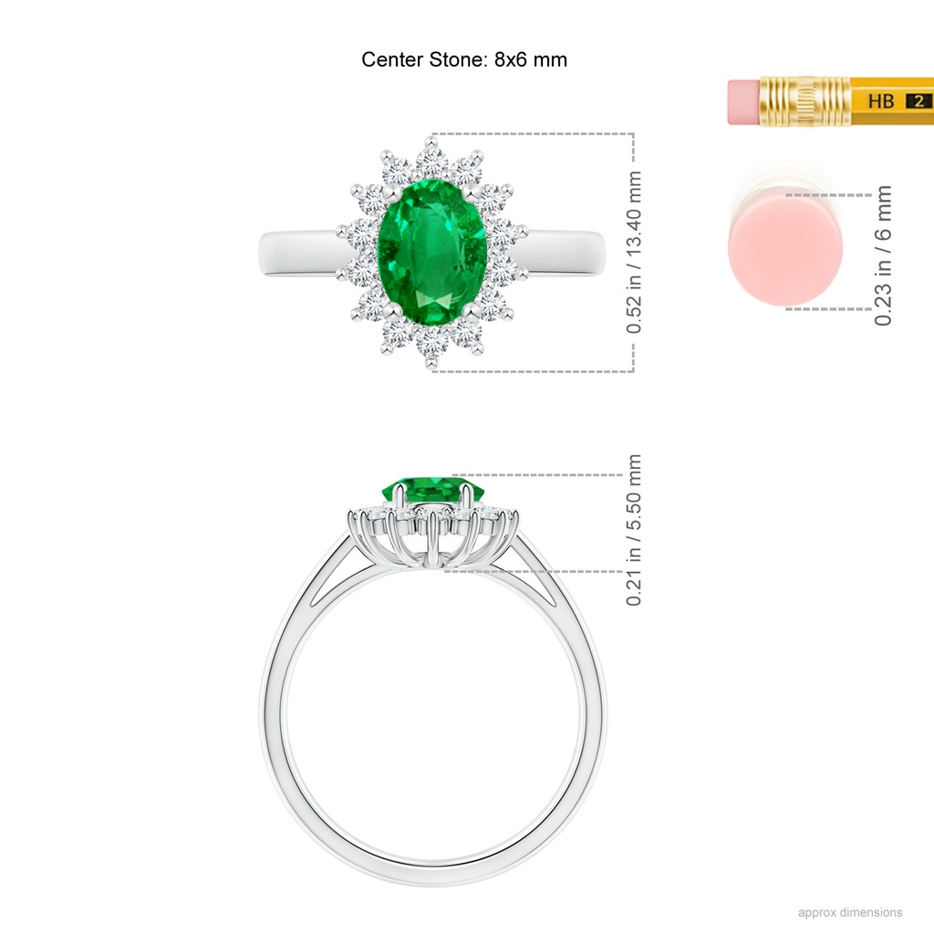 8x6mm AAA Princess Diana Inspired Emerald Ring with Diamond Halo in White Gold ruler