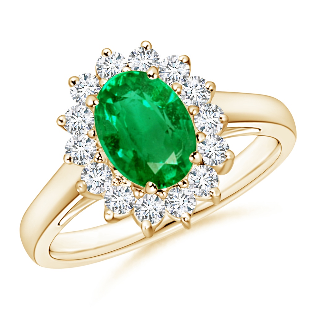 8x6mm AAA Princess Diana Inspired Emerald Ring with Diamond Halo in Yellow Gold