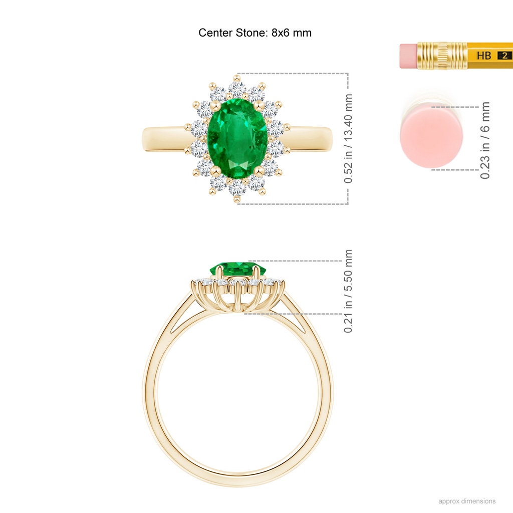 8x6mm AAA Princess Diana Inspired Emerald Ring with Diamond Halo in Yellow Gold ruler