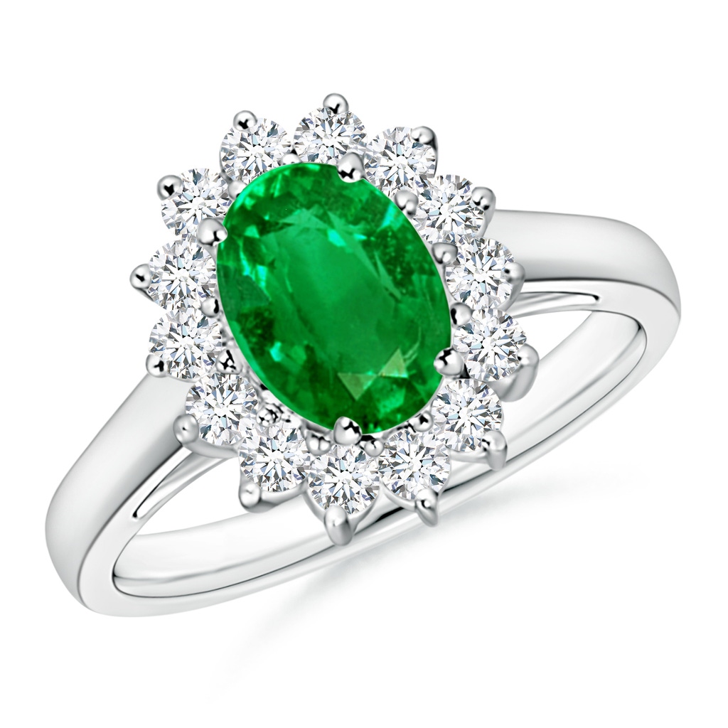 8x6mm AAAA Princess Diana Inspired Emerald Ring with Diamond Halo in P950 Platinum