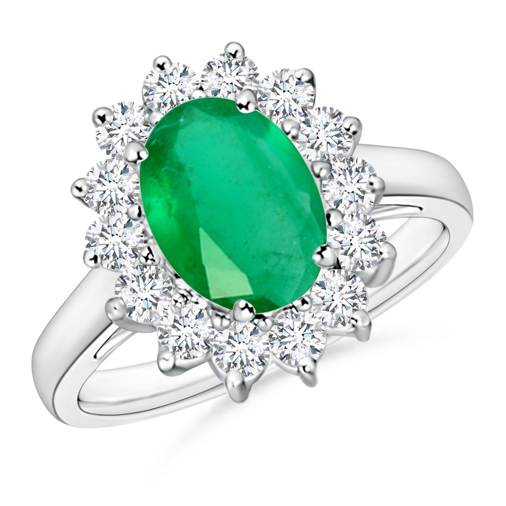 9x7mm A Princess Diana Inspired Emerald Ring with Diamond Halo in White Gold 