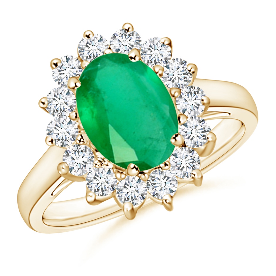 9x7mm A Princess Diana Inspired Emerald Ring with Diamond Halo in Yellow Gold 
