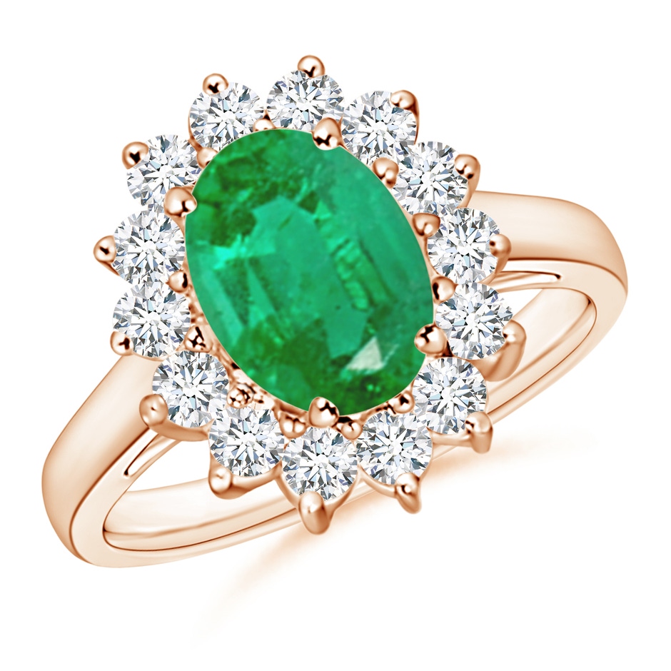 9x7mm AA Princess Diana Inspired Emerald Ring with Diamond Halo in Rose Gold 