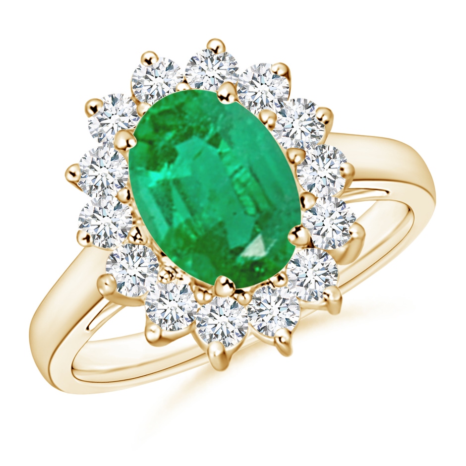 9x7mm AA Princess Diana Inspired Emerald Ring with Diamond Halo in Yellow Gold 