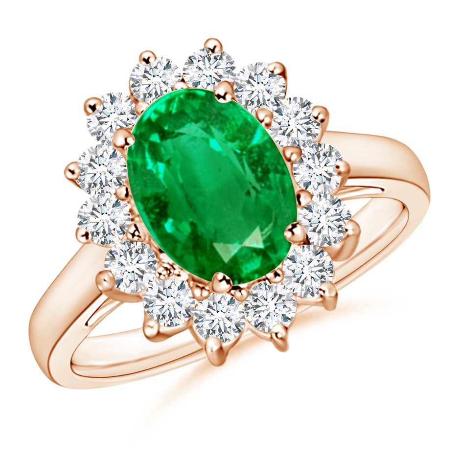 9x7mm AAA Princess Diana Inspired Emerald Ring with Diamond Halo in Rose Gold 