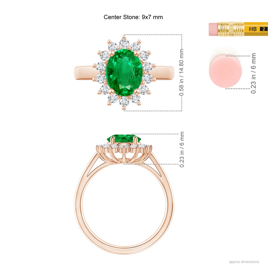 9x7mm AAA Princess Diana Inspired Emerald Ring with Diamond Halo in Rose Gold ruler