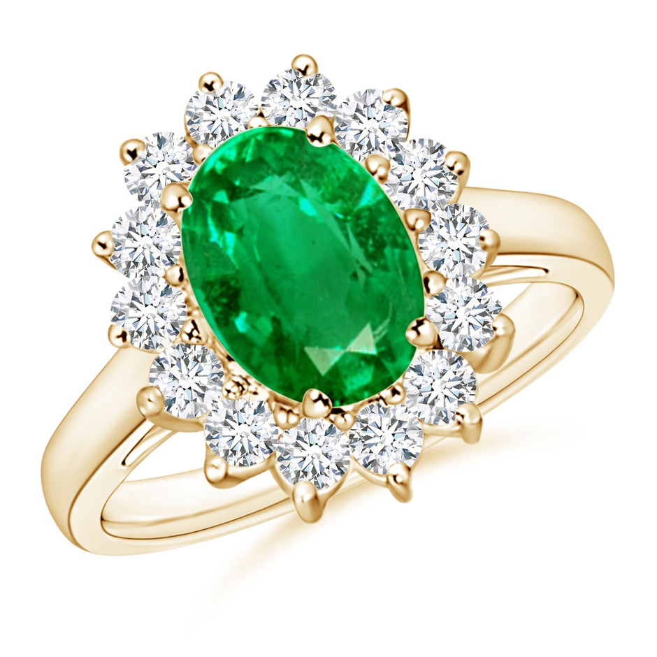 9x7mm AAA Princess Diana Inspired Emerald Ring with Diamond Halo in Yellow Gold 